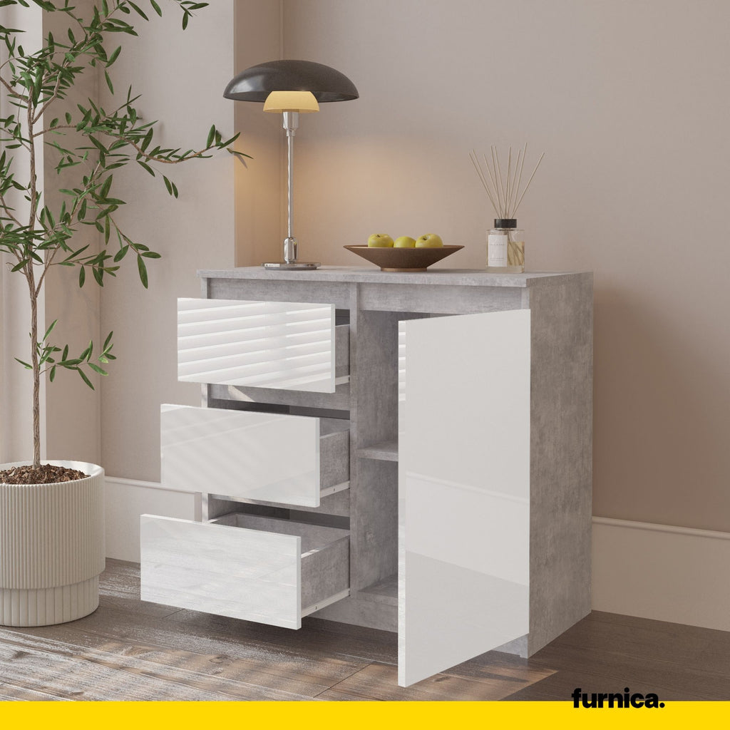 MIKEL - Chest of 3 Drawers and 1 Door - Bedroom Dresser Storage Cabinet Sideboard - Concrete / White Gloss H29 1/2" W31 1/2" D13 3/4"