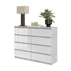 GABRIEL - Chest of 8 Drawers - Bedroom Dresser Storage Cabinet Sideboard - Concrete / White Gloss H36 3/8" W47 1/4" D13 1/4"