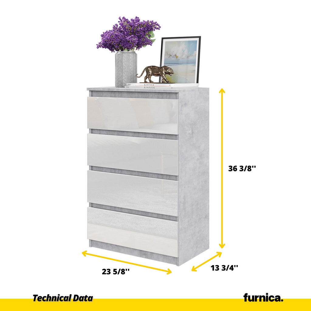 GABRIEL - Chest of 4 Drawers - Bedroom Dresser Storage Cabinet Sideboard - Concrete / White Gloss H36 3/8" W23 5/8" D13 1/4"
