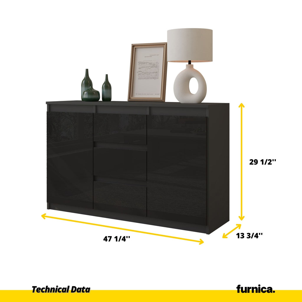 MIKEL - Chest of 3 Drawers and 2 Doors - Bedroom Dresser Storage Cabinet Sideboard - Anthracite / Black Gloss H29 1/2" W47 1/4" D13 3/4"