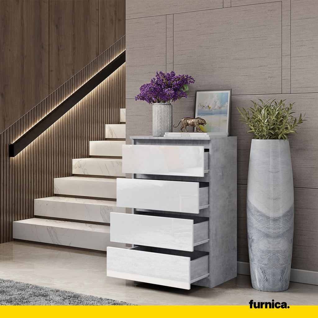 GABRIEL - Chest of 4 Drawers - Bedroom Dresser Storage Cabinet Sideboard - Concrete / White Gloss H36 3/8" W23 5/8" D13 1/4"