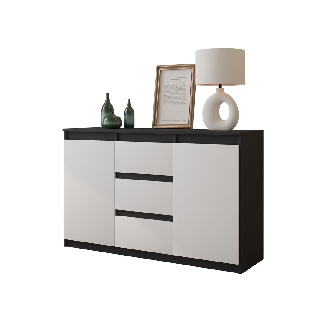 MIKEL - Chest of 3 Drawers and 2 Doors - Bedroom Dresser Storage Cabinet Sideboard - Anthracite / White Matt H29 1/2" W47 1/4" D13 3/4"