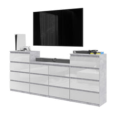 GABRIEL - Chest of 14 Drawers (4+6+4) - Bedroom Dresser Storage Cabinet Sideboard - Concrete / White Gloss H36 3/8" W86 5/8" D13 1/4"