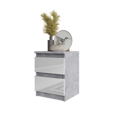 GABRIEL - Bedside Table - Nightstand with 2 drawers - Concrete / White Gloss H15 3/4" W11 3/4" D11 3/4"