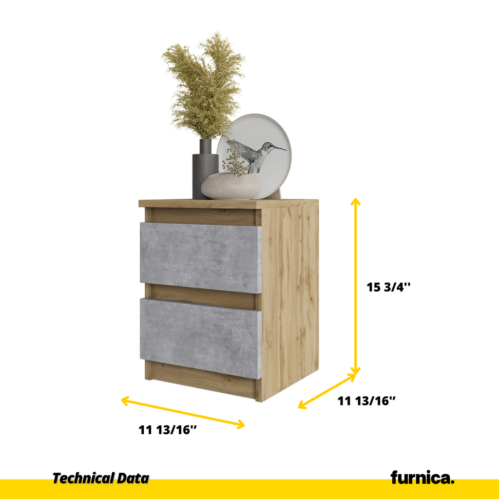 GABRIEL - Bedside Table - Nightstand with 2 drawers - Wotan Oak / Concrete H15 3/4" W11 3/4" D11 3/4"