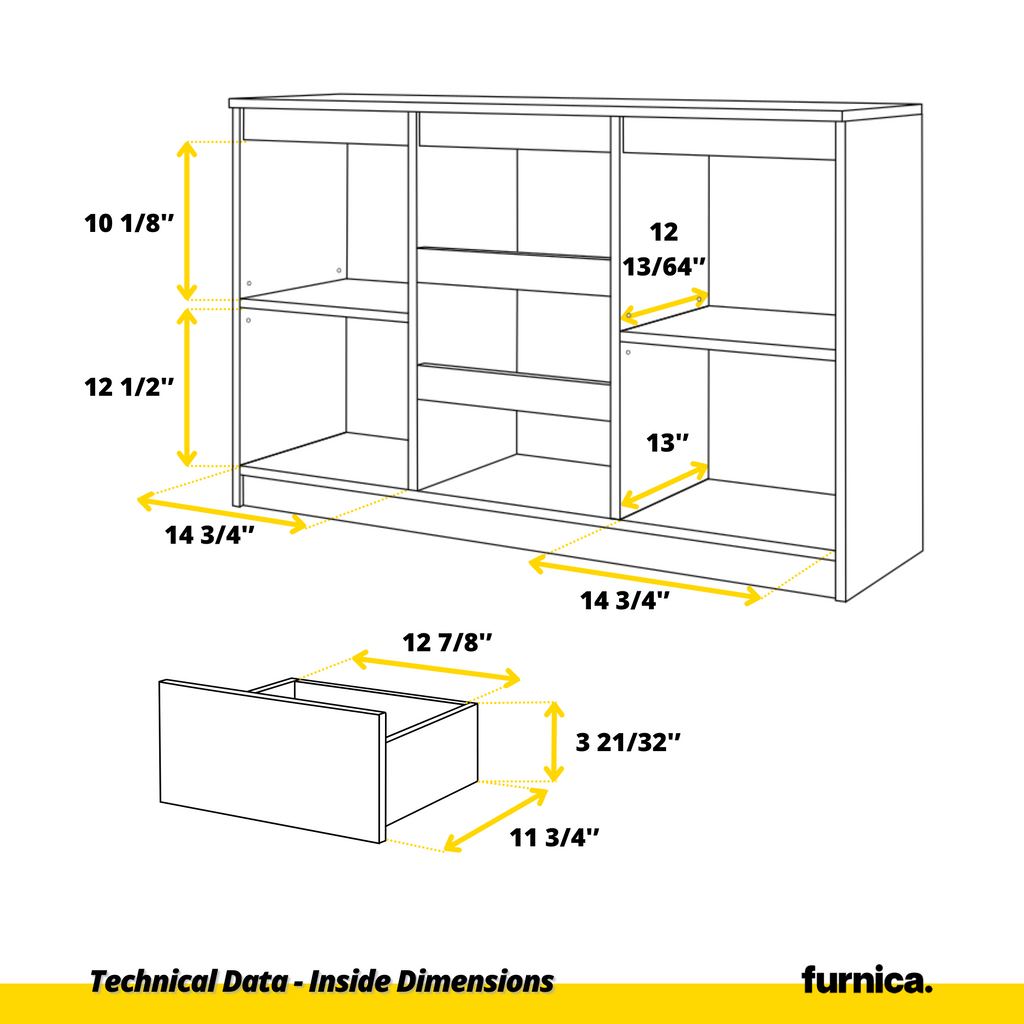 MIKEL - Chest of 3 Drawers and 2 Doors - Bedroom Dresser Storage Cabinet Sideboard - White Matt / Black Gloss H29 1/2" W47 1/4" D13 3/4"