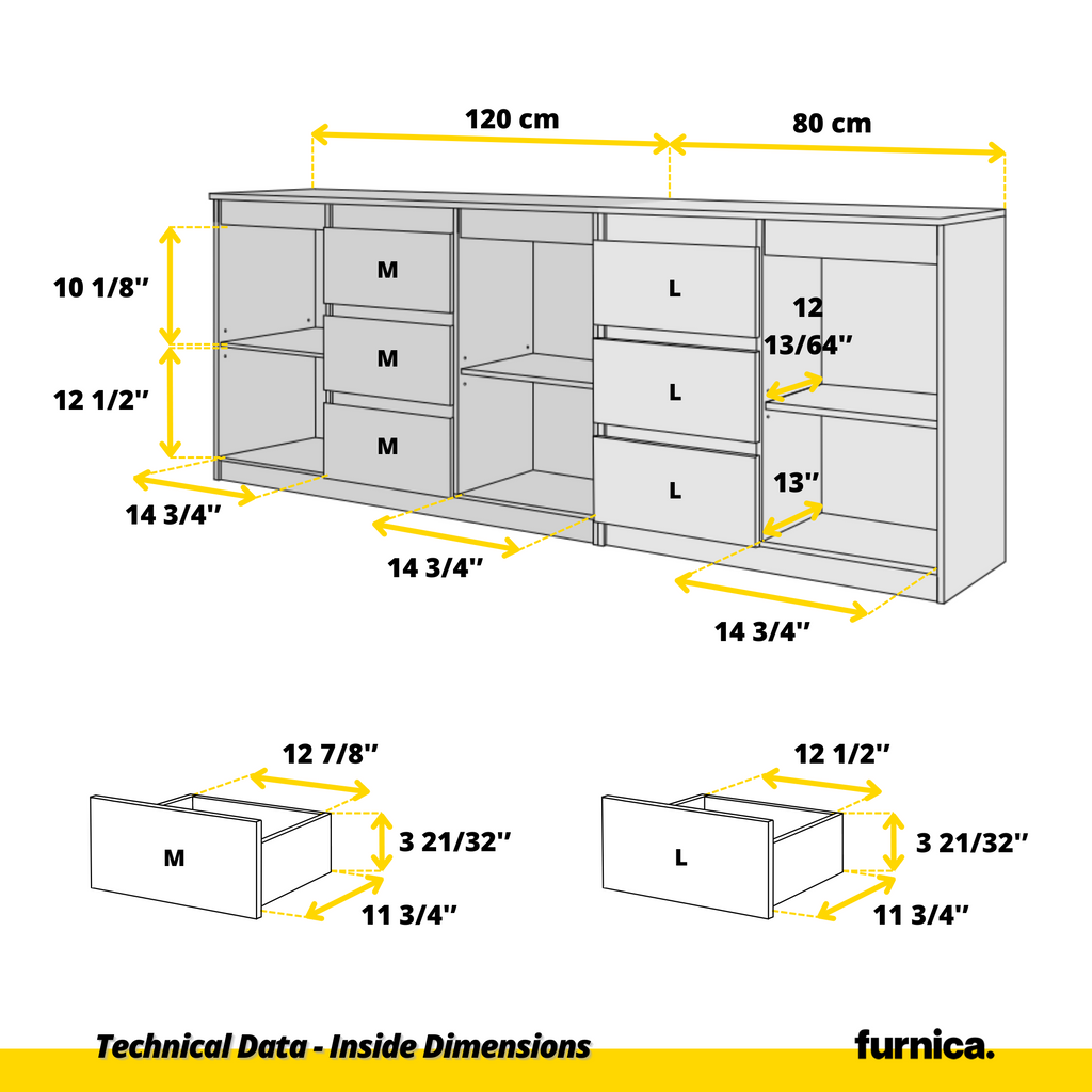 MIKEL - Chest of 6 Drawers and 3 Doors - Bedroom Dresser Storage Cabinet Sideboard - Wotan Oak H29 1/2" W78 3/4" D13 3/4"