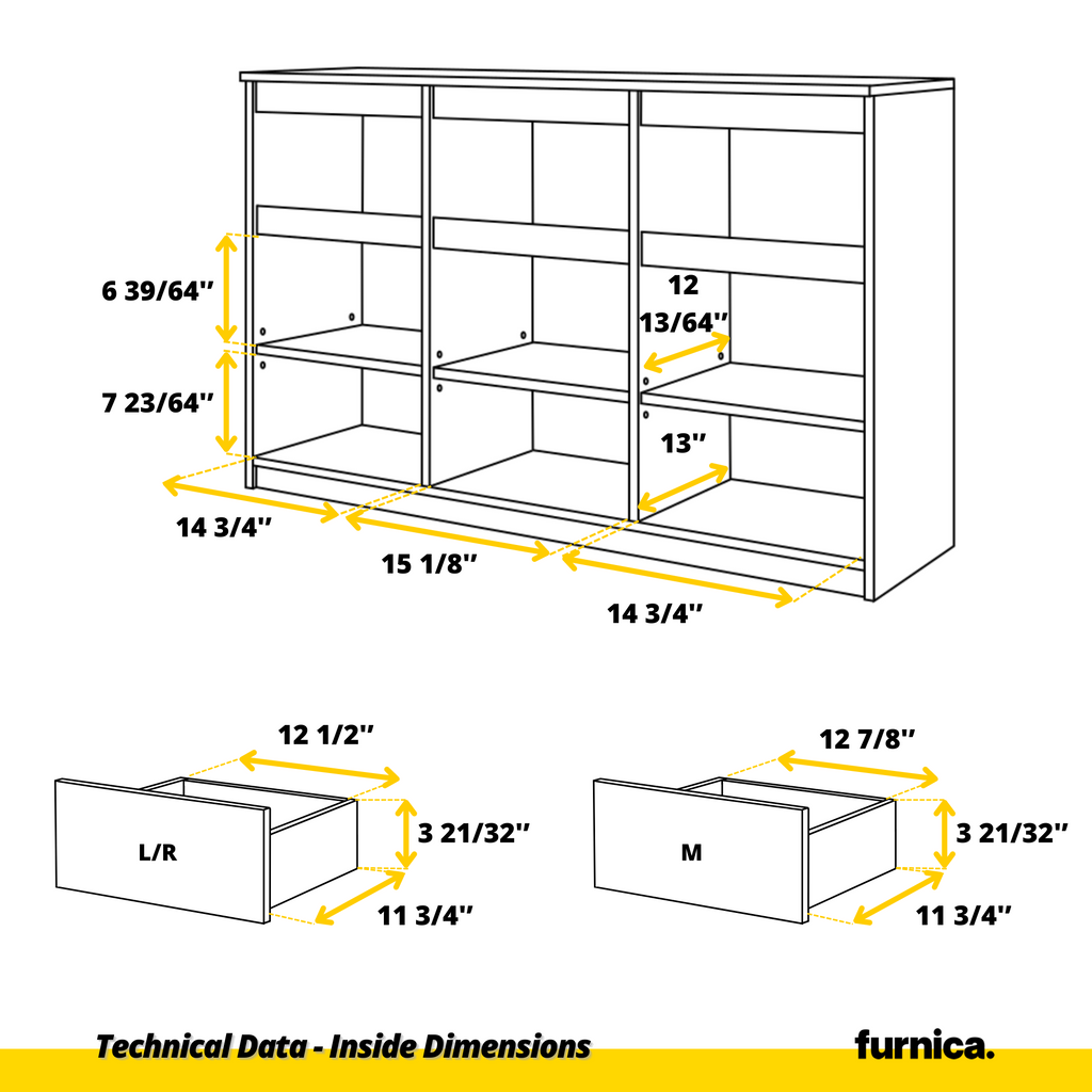 NOAH - Chest of 3 Drawers and 3 Doors - Bedroom Dresser Storage Cabinet Sideboard - Concrete / Anthracite H29 1/2" W47 1/4" D13 3/4"