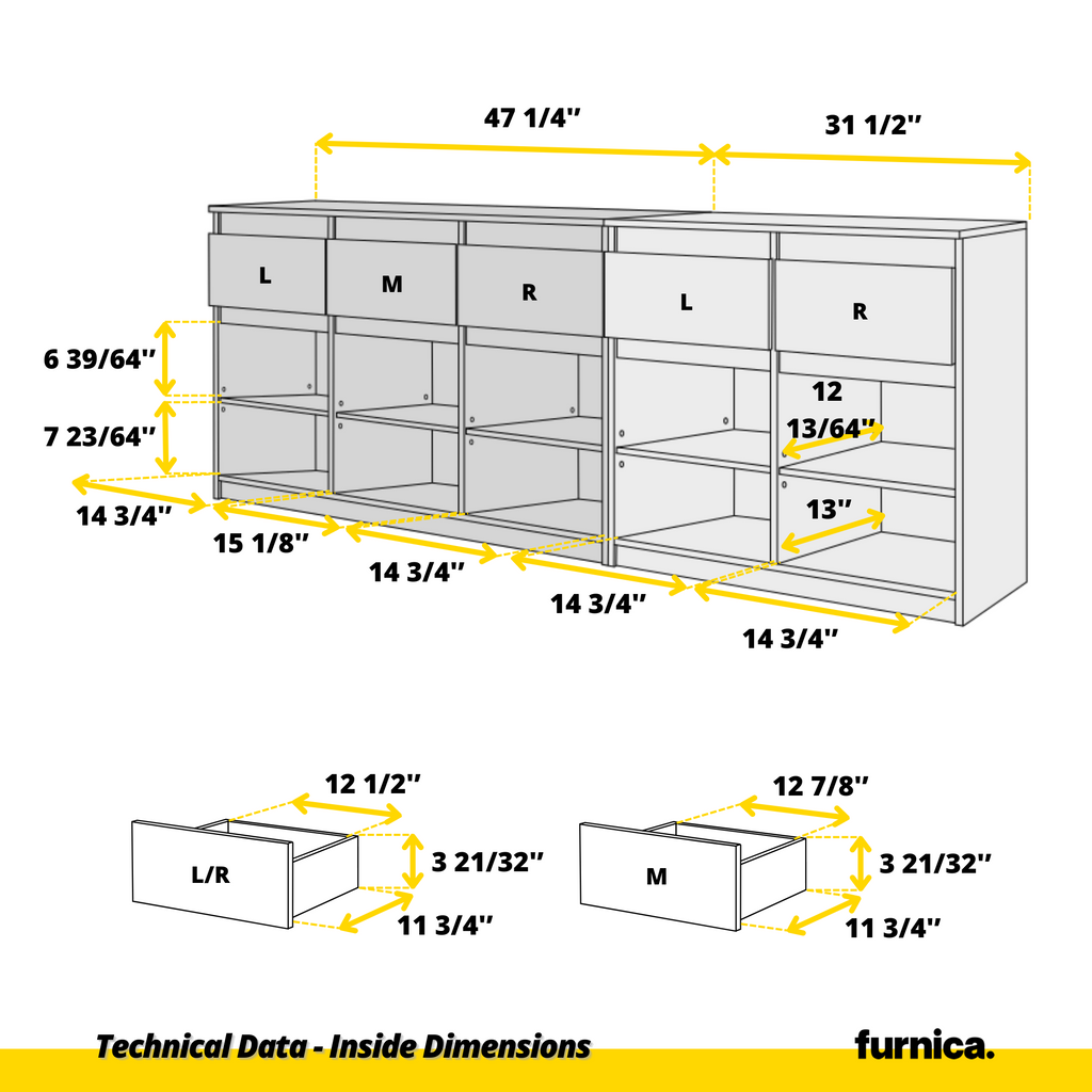 NOAH - Chest of 5 Drawers and 5 Doors - Bedroom Dresser Storage Cabinet Sideboard - White Matt / Concrete H29 1/2" W78 3/4" D13 3/4"