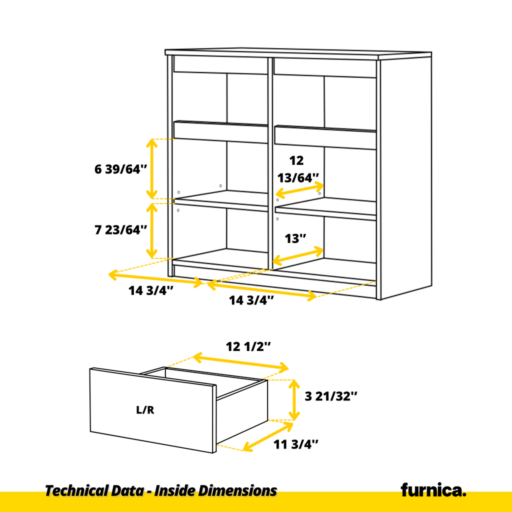 NOAH - Chest of 2 Drawers and 2 Doors - Bedroom Dresser Storage Cabinet Sideboard - Wotan Oak / White Gloss H29 1/2" W31 1/2" D13 3/4"