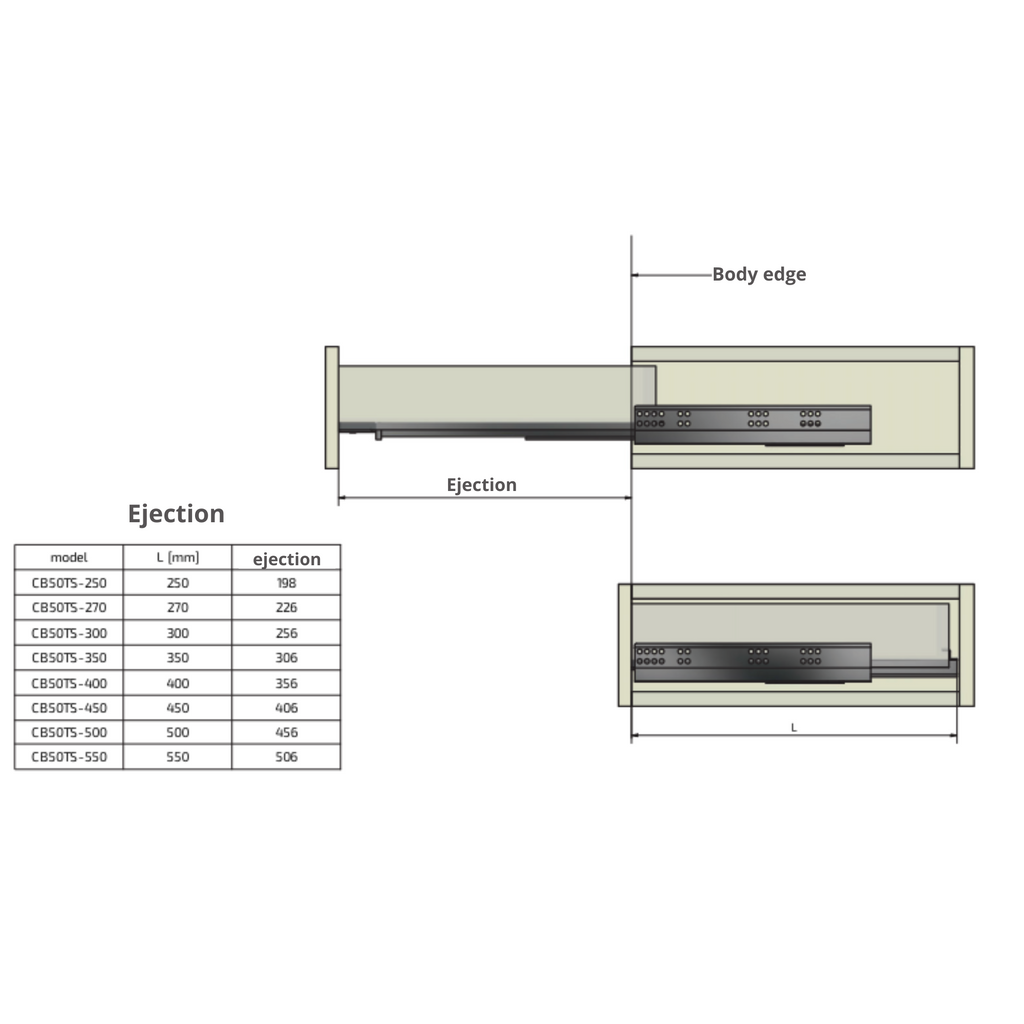 Push-to-Open Undermount Slides (left and right), Full Extension - 12 inch