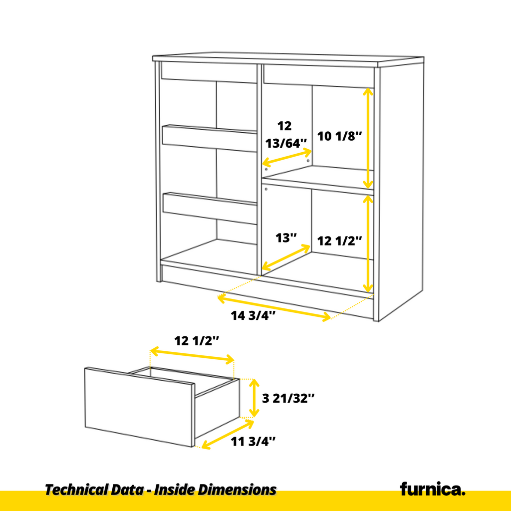 MIKEL - Chest of 3 Drawers and 1 Door - Bedroom Dresser Storage Cabinet Sideboard - Concrete / Anthracite H29 1/2" W31 1/2" D13 3/4"