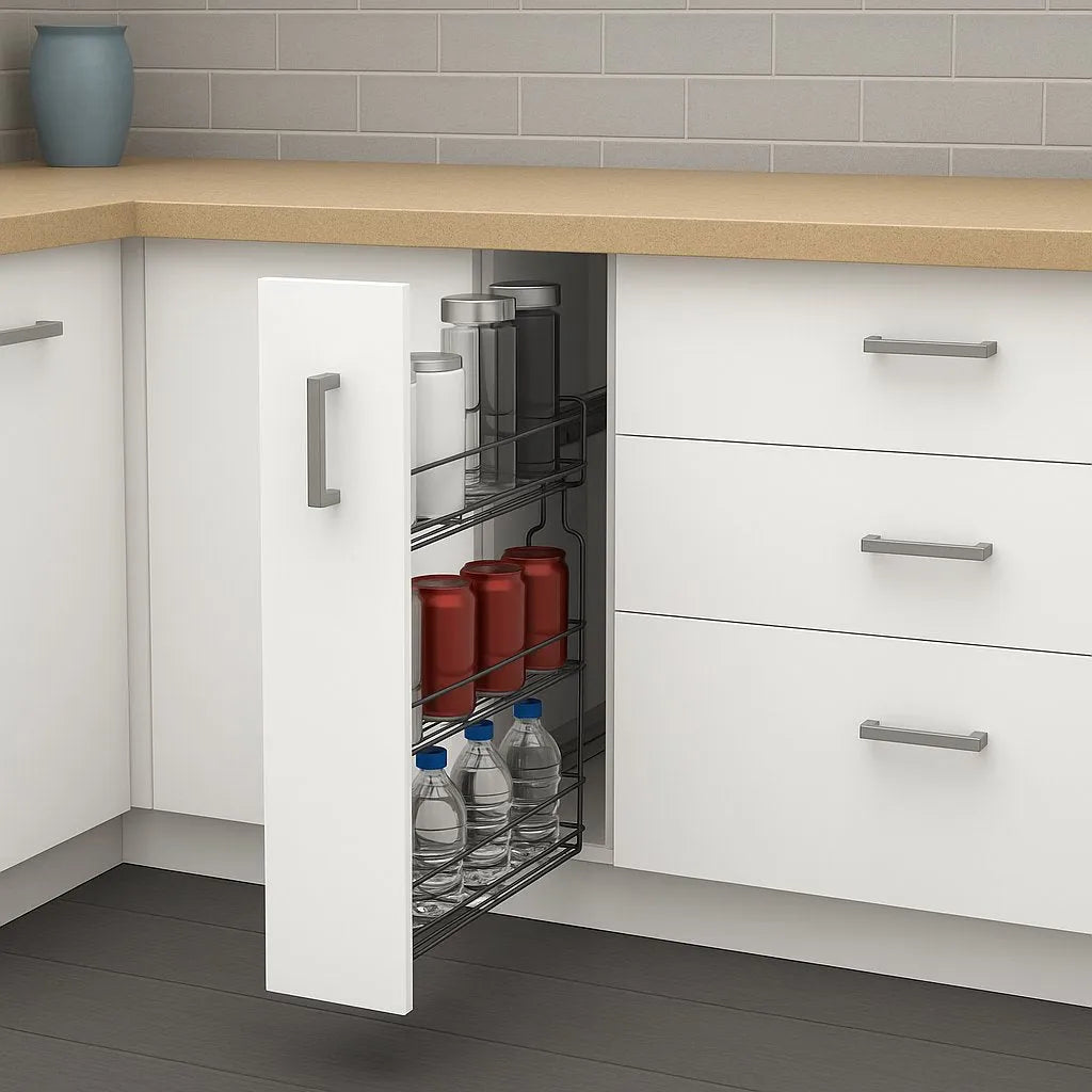 Pull Out Pantry Shelf 6 inch (15 cm) – 3 Wire Baskets, Charcoal – Slim Kitchen Base Cabinet Organizer