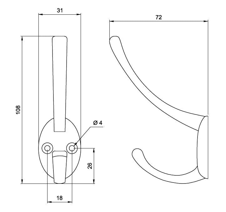 Double Coat Hook - 4-1/4 inch (108 mm) - Chrome