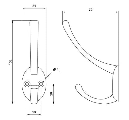 Double Coat Hook - 4-1/4 inch (108 mm) - Chrome