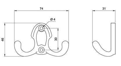 Double Coat Hook - 1-13/16 inch (46 mm) - Brass Finish