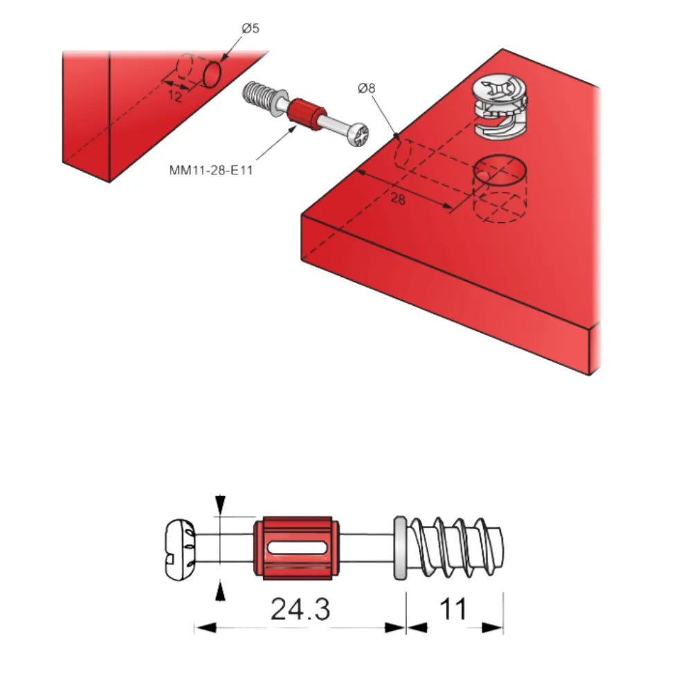 28mm Cam Dowels with Euro Thread (1 pc.)