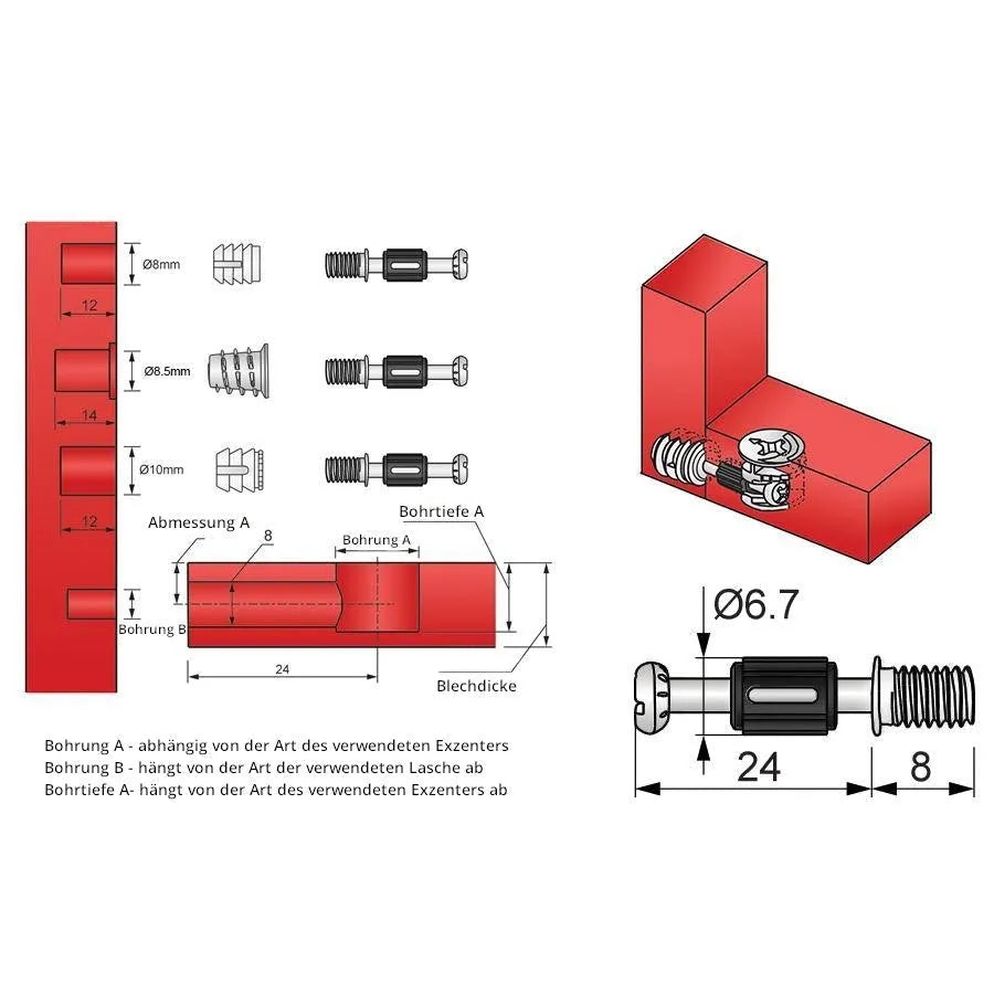 Screw-In 24mm Cam Dowels with M6 Thread (1 Pc.)