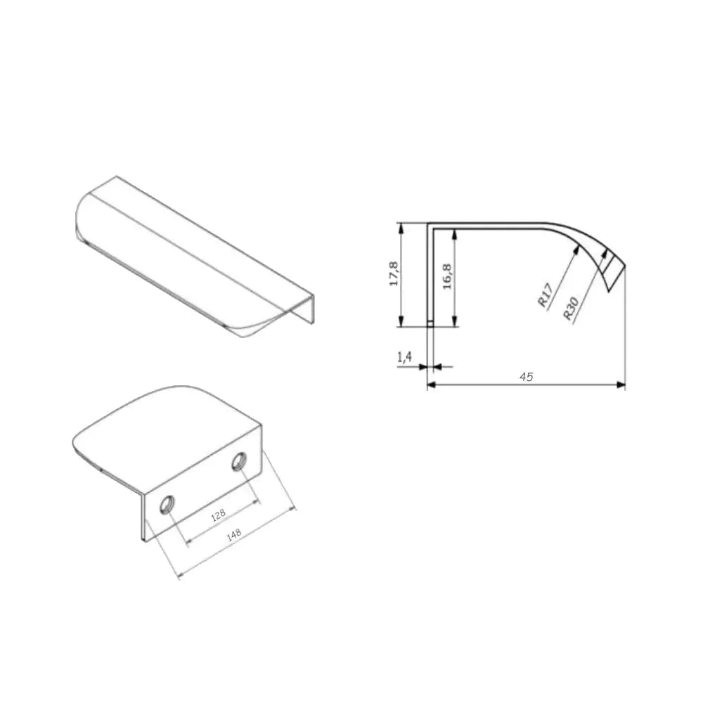 Edge Pull Profile Handle Rounded 1-1/4 inch (32 mm) Center-to-Center (2 inch / 52 mm Overall Length) - Matte Black