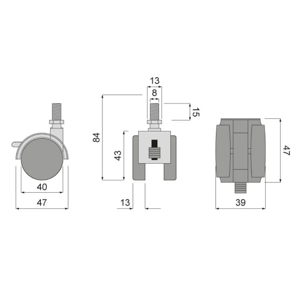 Plastic Swivel Caster Wheel for Furniture with 5/16 inch (8 mm) Thread & Brake - 1-9/16 inch (Ø40 mm)