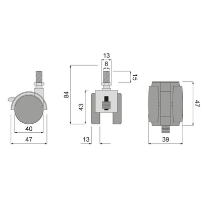Plastic Swivel Caster Wheel for Furniture with 5/16 inch (8 mm) Thread & Brake - 1-9/16 inch (Ø40 mm)