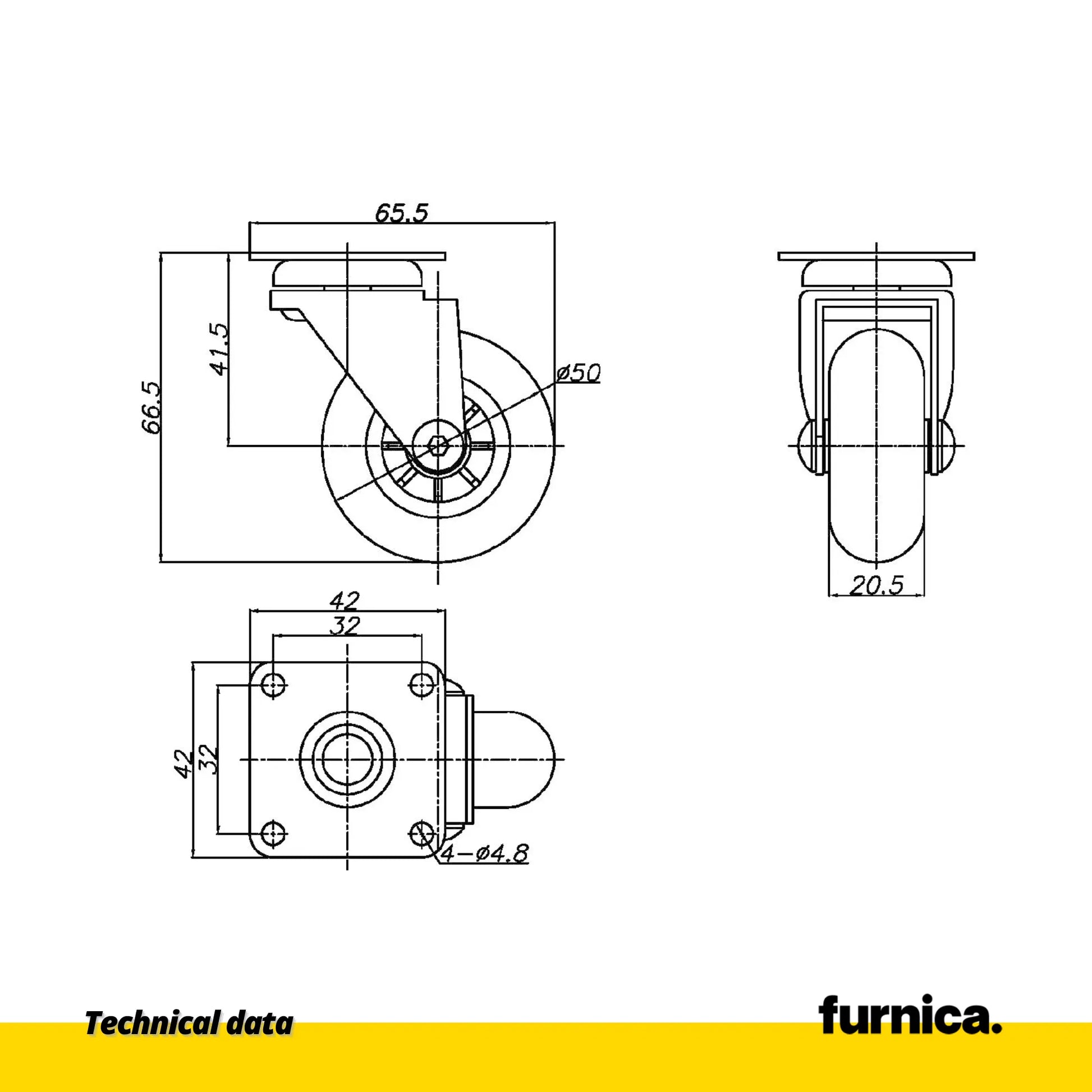 Furniture Caster with Plate - Clear - Chrome - 2 inch (50 mm) Dia.