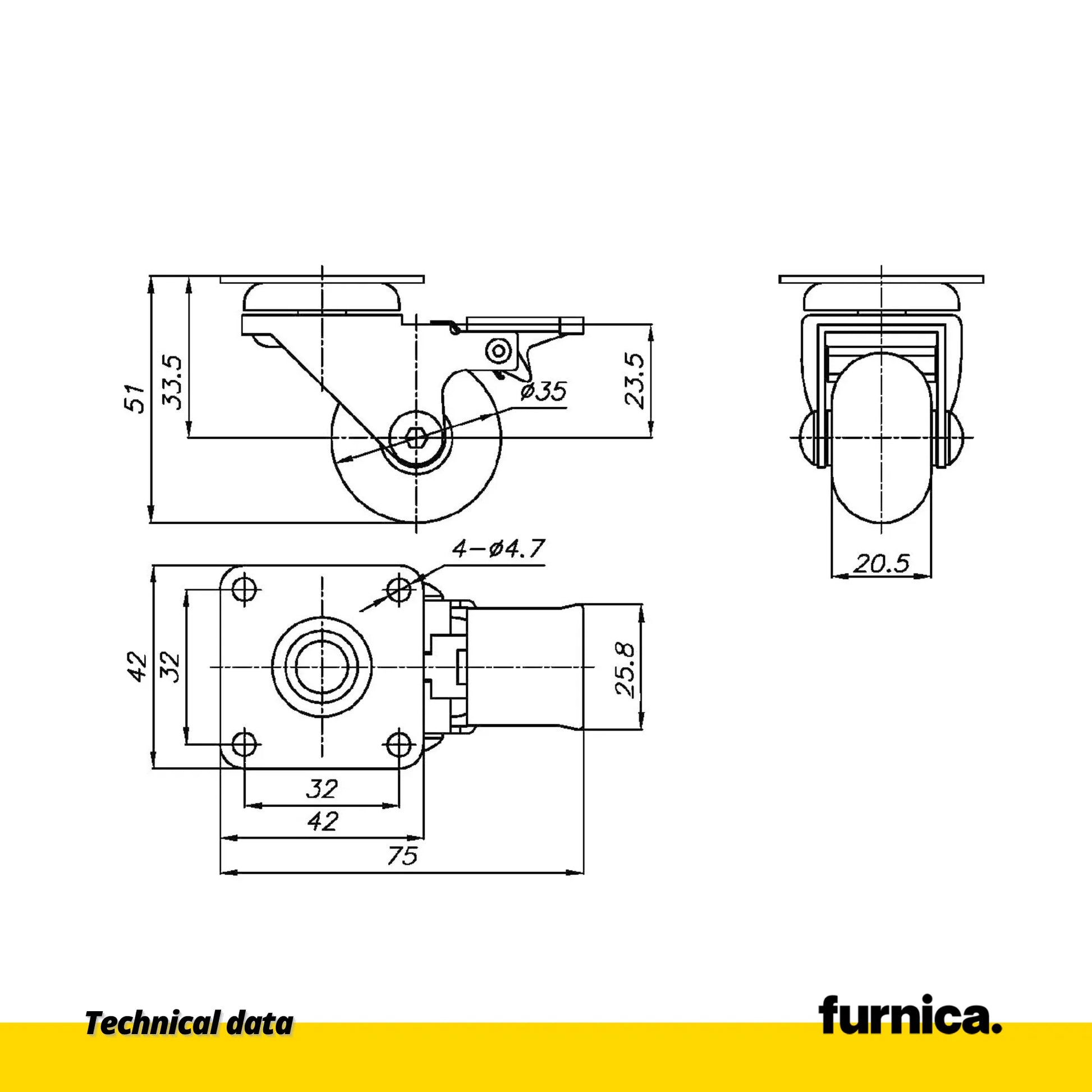 Furniture Caster with Plate and Brake - Clear - Chrome - 1-3/8 inch (35 mm) Wheel