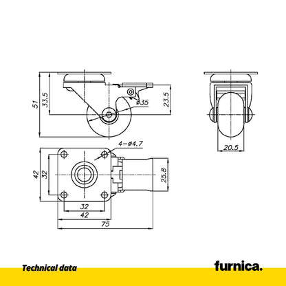 Furniture Caster with Plate and Brake - Clear - Chrome - 1-3/8 inch (35 mm) Wheel