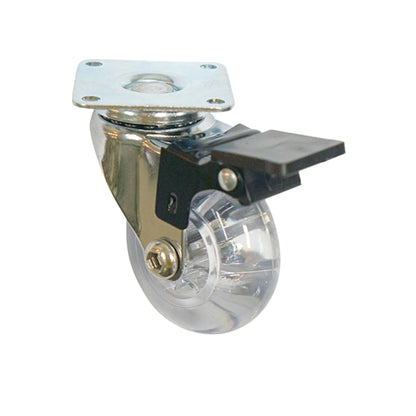 Furniture Caster with Mounting Plate & Brake - Clear - Chrome - 2 inch (5.0 cm)