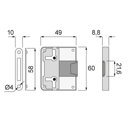 Cabinet & Drawer Lock 1-15/16 x 2-3/8 inch (49 x 60 mm) - White Zinc