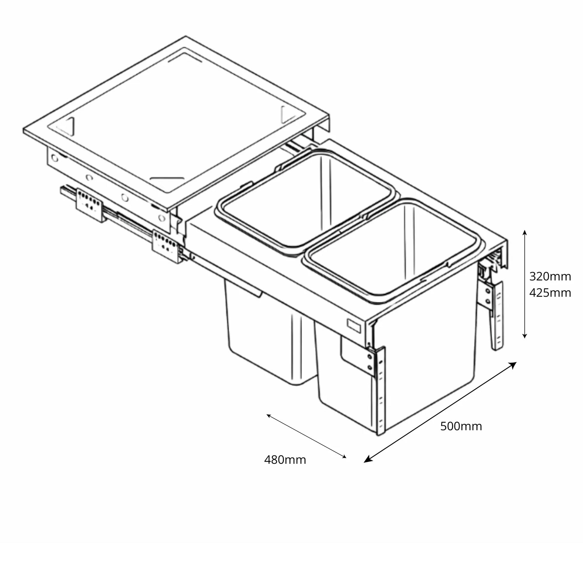 Pull Out Kitchen Recycling Bins - 2x15L or 2x20L - 19-11/16 inch (500 mm) Base Cabinet