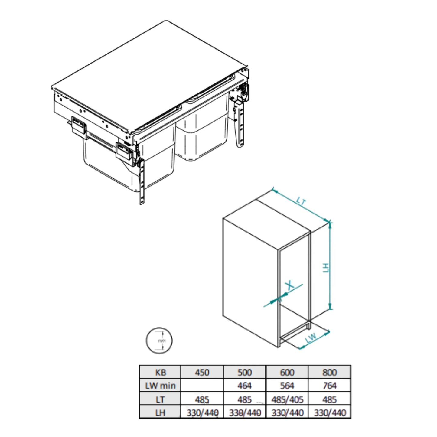 Cabinet Recycling Bins 2 x 4 Gal (15L) - 17-3/4 inch (45 cm), D = 18-7/8 inch (480 mm) H = 12-5/8 inch (320 mm) Kitchen Cabinet - Anthracite Gray