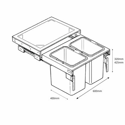 Dual Trash Can Pull Out - 2x15L or 2x20L - 23-5/8 inch (60 cm) Kitchen Cabinet