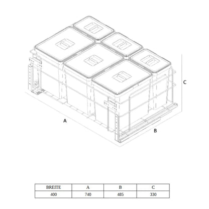 Cabinet Recycling Bins Soft-Close 3 x 4 gal (15 L) + 3 x 1.6 gal (6 L) - 23-5/8 inch (60 cm) Base Cabinet
