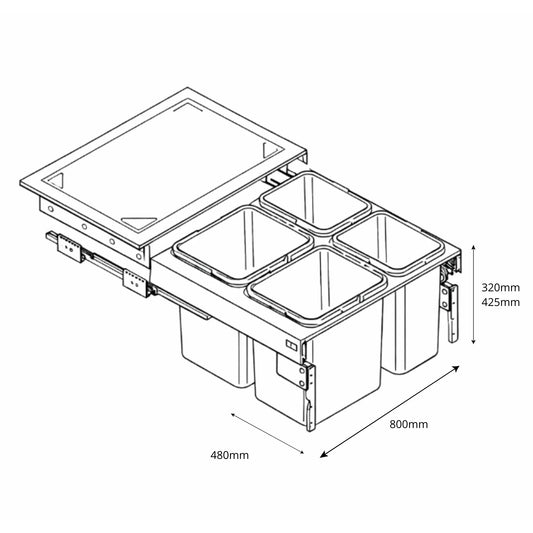 Pull Out Cabinet Recycling Bins Soft-Close 4x15L or 4x20L - 31-1/2 inch (80 cm) Kitchen Cabinet