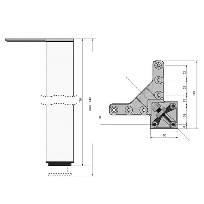 Square Adjustable Table Leg 28 inch (710 mm), Brushed Nickel, ZnAl Mounting Plate