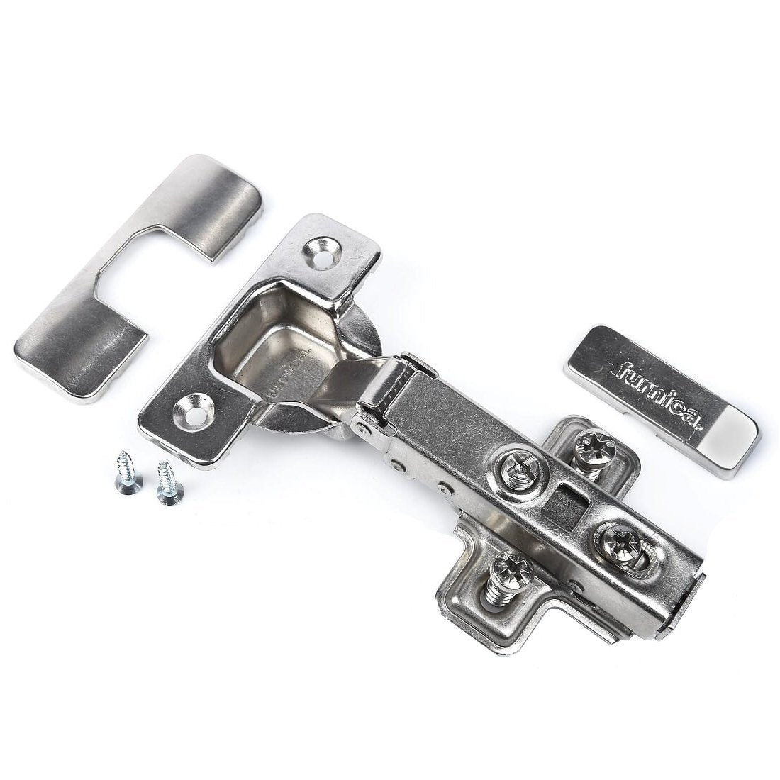 110° Soft-Close Hinge, H0 Mounting Plate with EURO Screws and Covers, Overlay Doors Soft Close Furnica 
