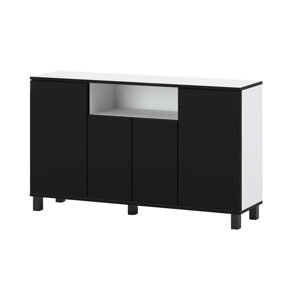 CALVIN - TV Cabinet with 4 Doors - Living Room Storage Sideboard - White Matt / Black Matt H31 1/2" W55 1/8" D13 3/4"