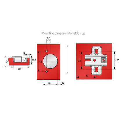135º Angular Hinge, H2 Mounting Plate with EURO Screws, Corner Doors Standard Furnica 