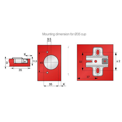 165º Hinge, H2 Mounting Plate with EURO Screws, Overlay Doors Standard Furnica 