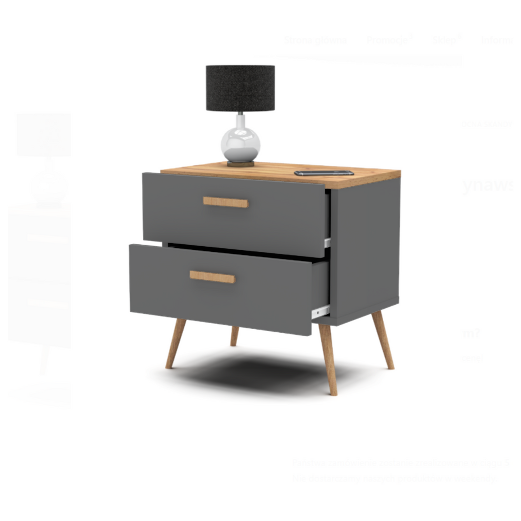 INGRID - Scandinavian Bedside Table - Nightstand with 2 Drawers - Anthracite Grey / Wotan Oak H17 3/4" W17 3/4" D11 3/4"