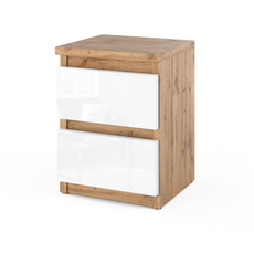 GABRIEL - Bedside Table - Nightstand with 2 drawers - Wotan Oak / White Gloss H15 3/4" W11 3/4" D11 3/4"