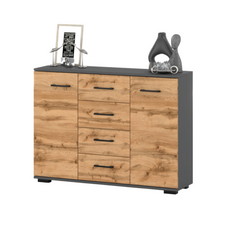 MARK - Chest of 4 Drawers and 2 Doors - Bedroom Dresser Storage Cabinet Sideboard - Anthracite / Wotan Oak H33 1/2" W47 1/4" D13 3/4"