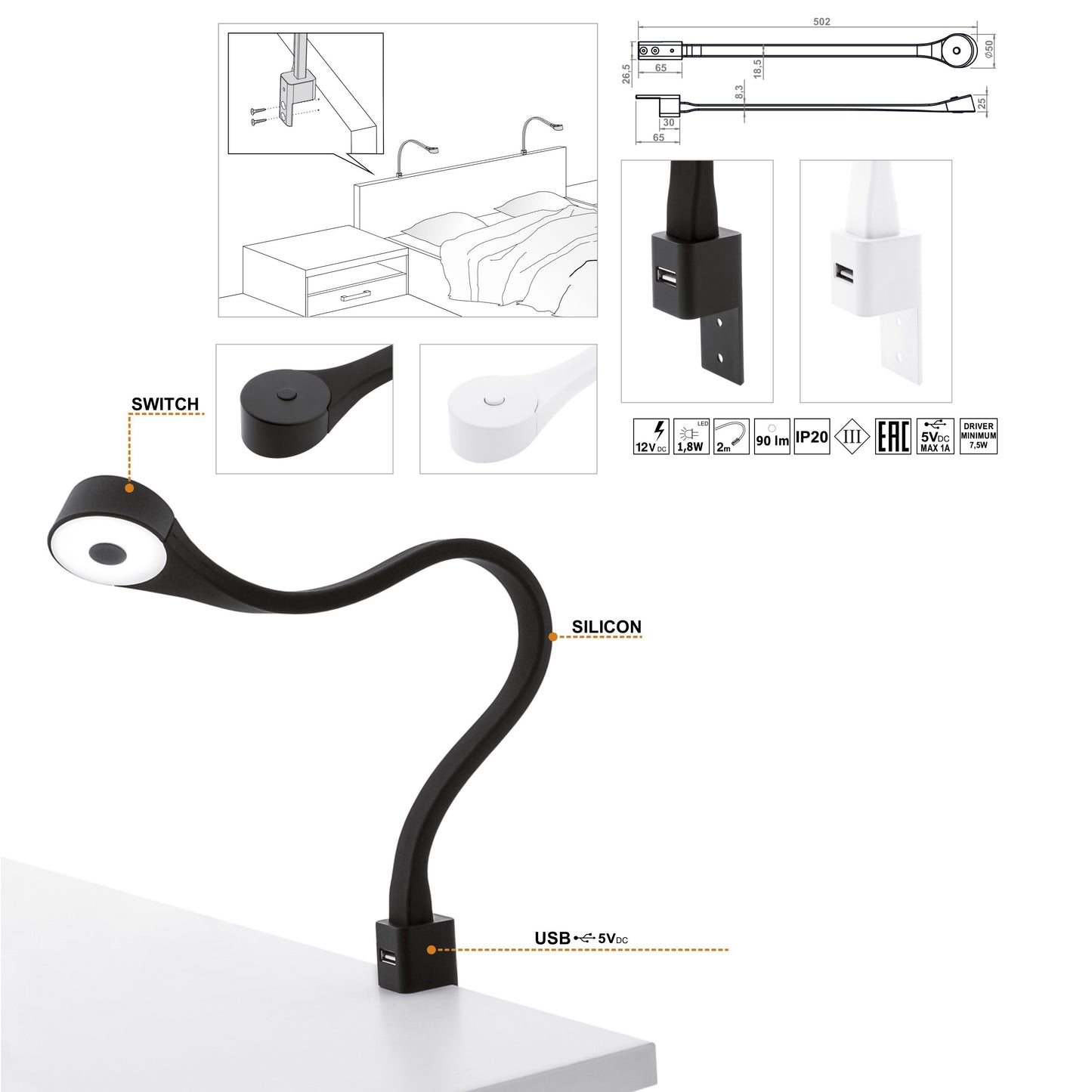2 Bedroom LED Lamps with USB + Power Supply (F02) Furnica 