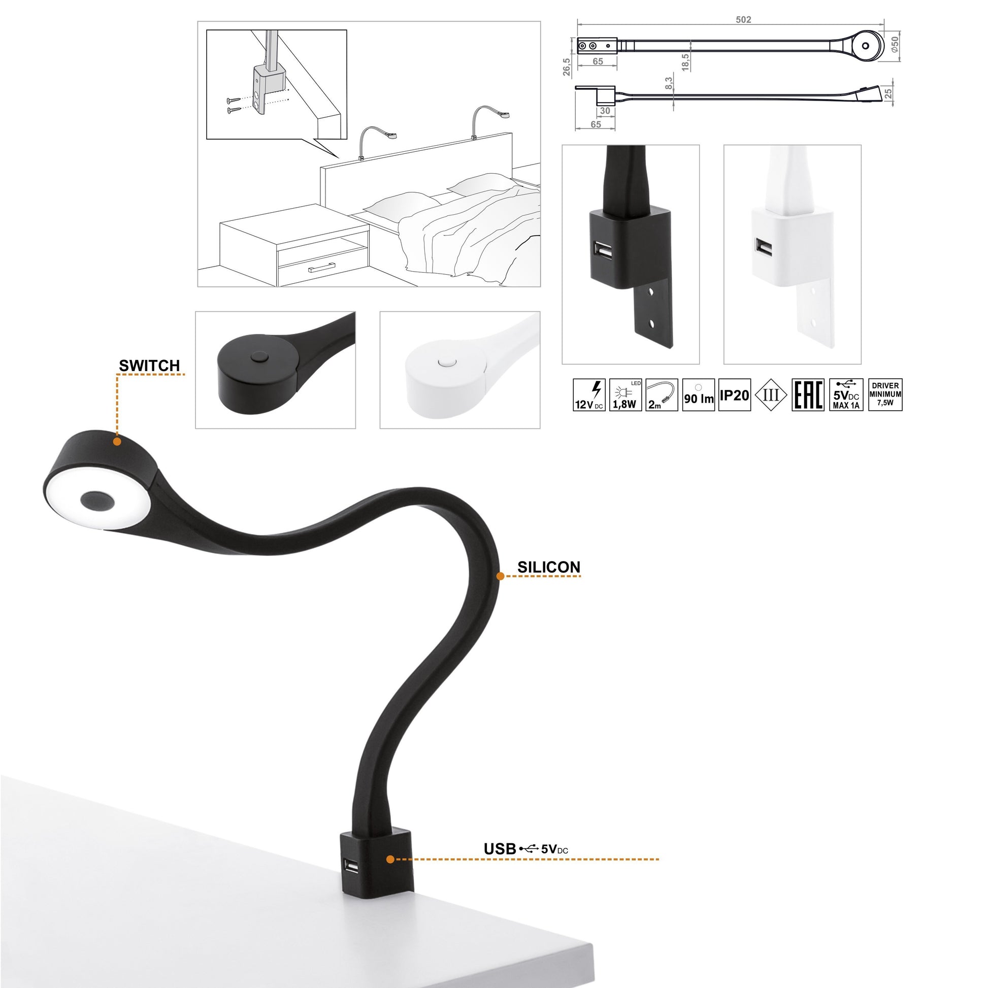 2 Bedroom LED Lamps with USB + Power Supply (F02) Furnica 