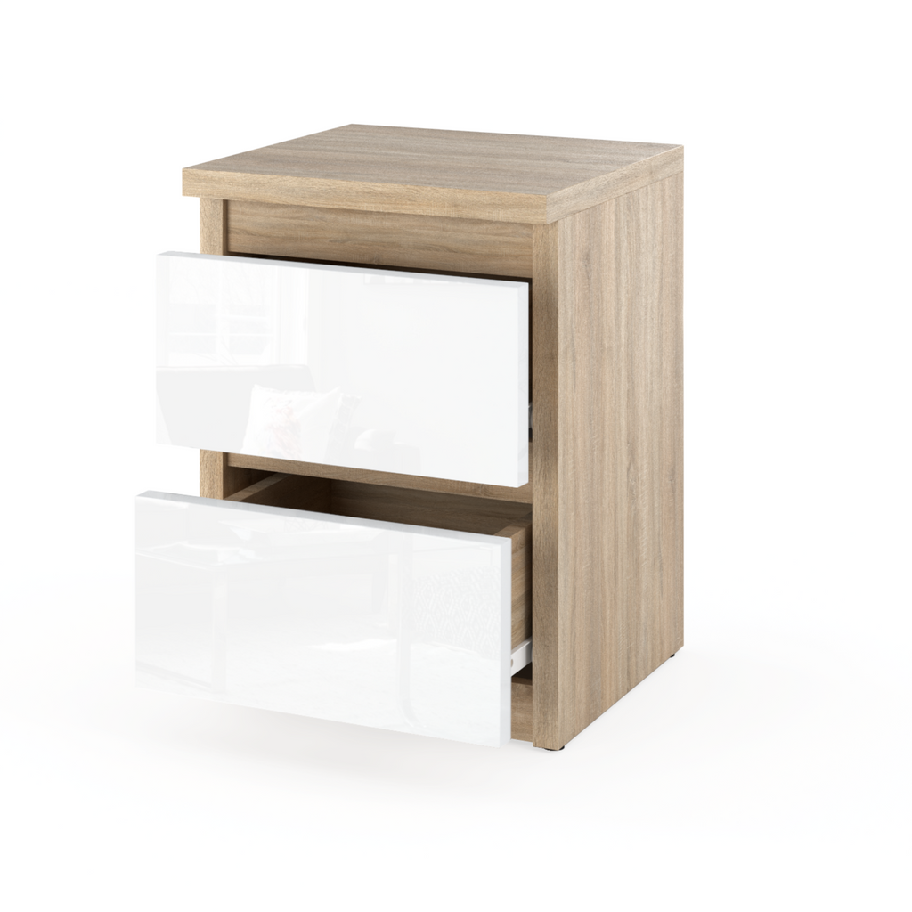 GABRIEL - Bedside Table - Nightstand with 2 drawers - Sonoma Oak / White Gloss H15 3/4" W11 3/4" D11 3/4"