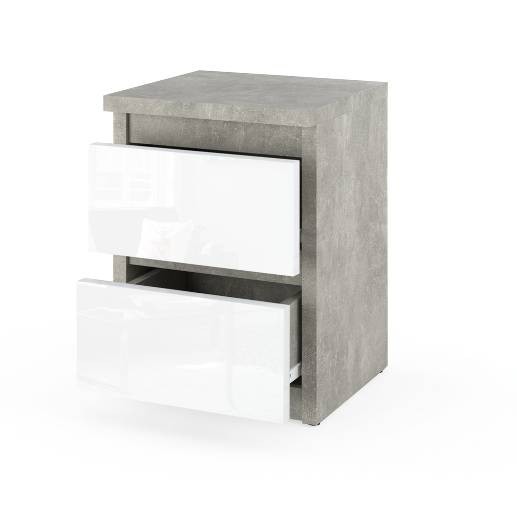 GABRIEL - Bedside Table - Nightstand with 2 drawers - Concrete / White Gloss H15 3/4" W11 3/4" D11 3/4"