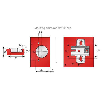+30º Hinge, H2 Mounting Plate with EURO Screws, Angled Doors Standard Furnica 
