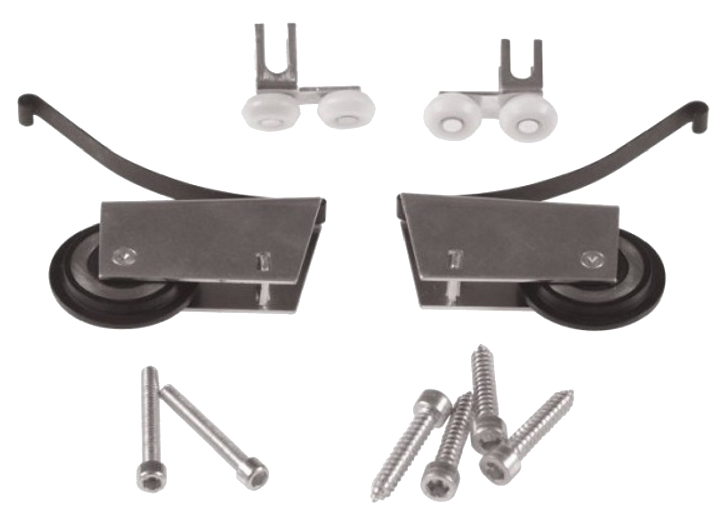 Set of 2 Asymmetrical Top Guides + 2 Bottom Wheels + 6 Screws (Gabriel Handle)