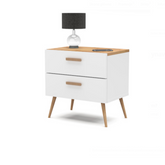 INGRID - Scandinavian Bedside Table - Nightstand with 2 Drawers - White Matt / Wotan Oak H17 3/4" W17 3/4" D11 3/4"